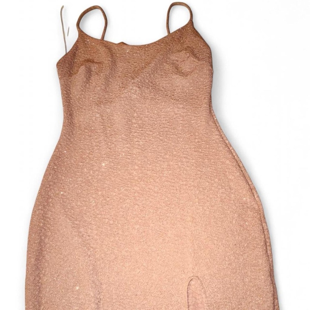 Elegant Tan Glitter Spaghetti Strap Dress, Size L